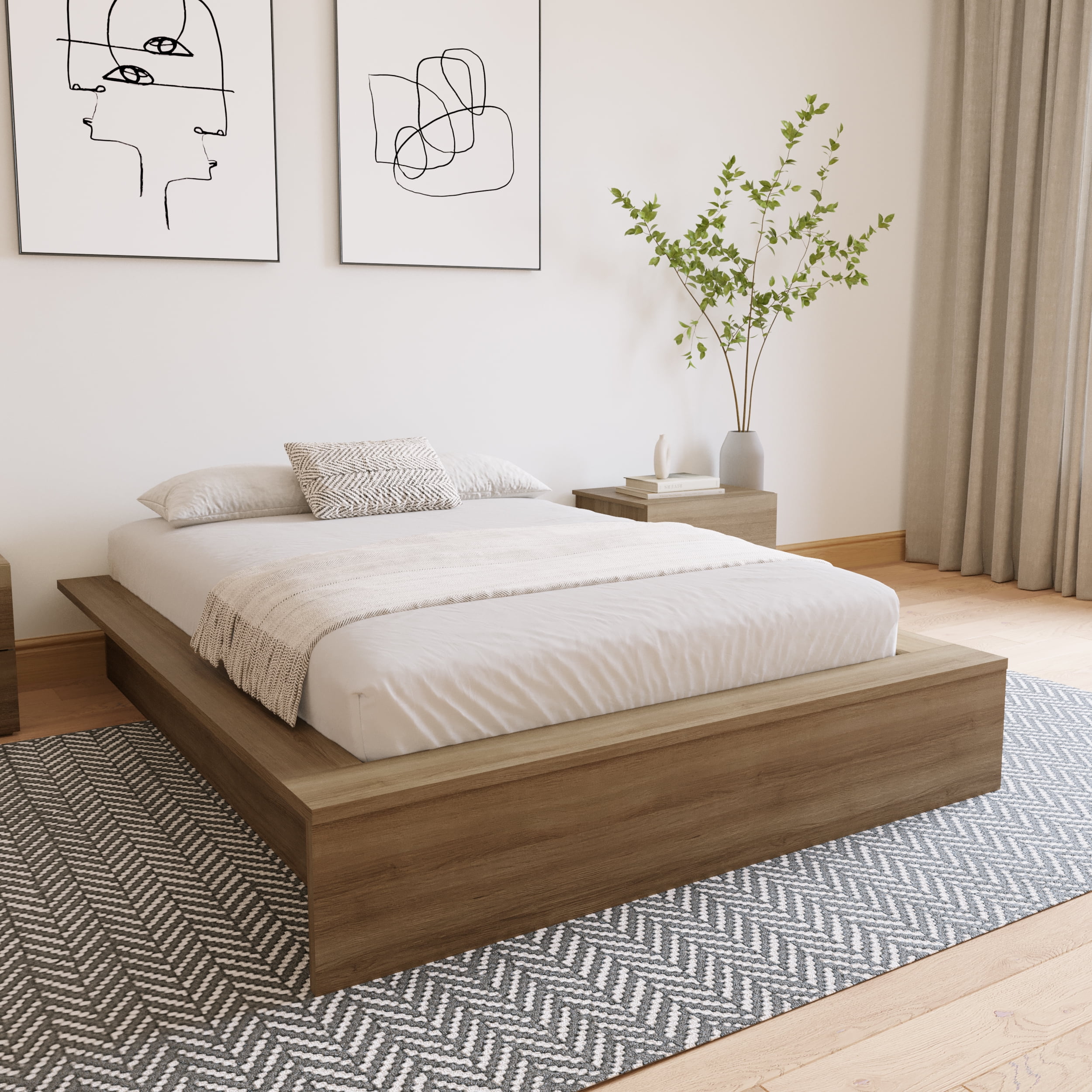 Nexera James Full Size Platform Wood Bed Frame, Brown Oak