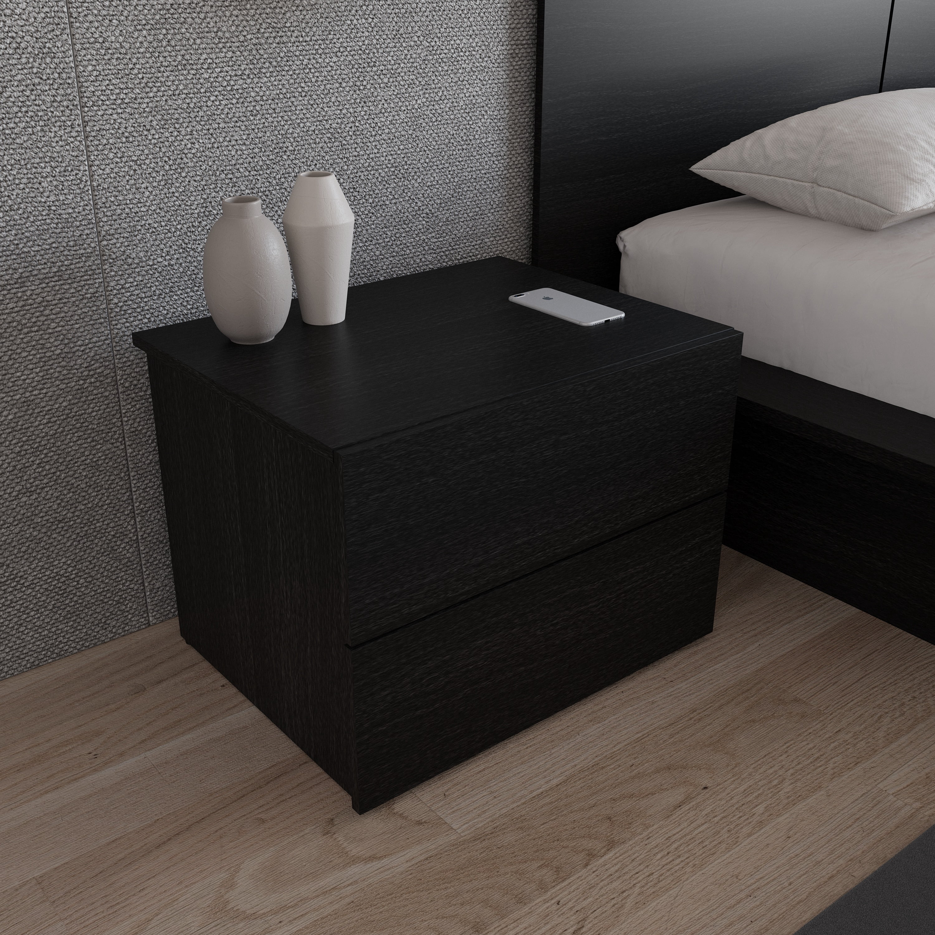 Nexera James Modern 2 Drawer Nightstand, Black Oak