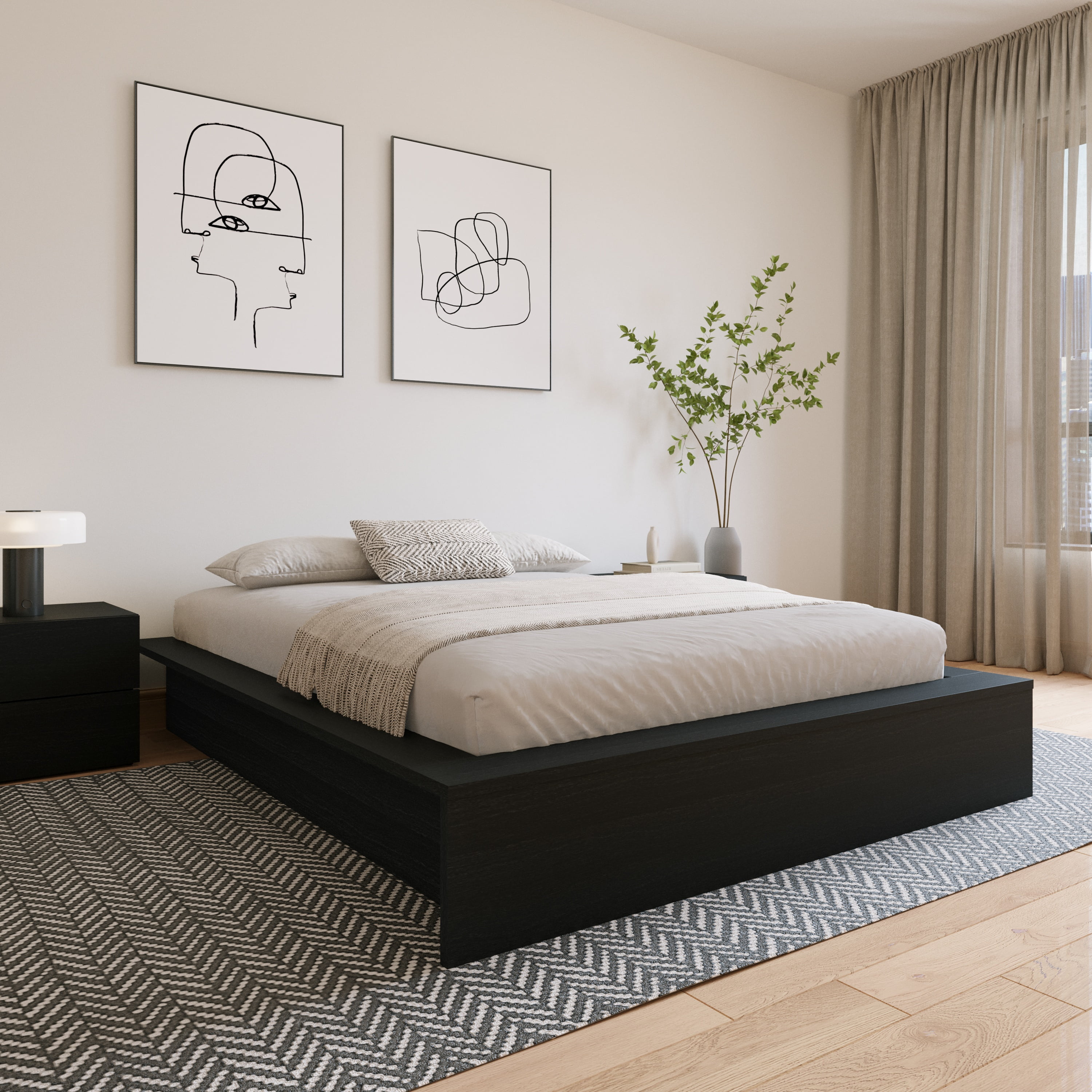 Nexera James Queen Size Platform Wood Bed Frame, Brown Oak