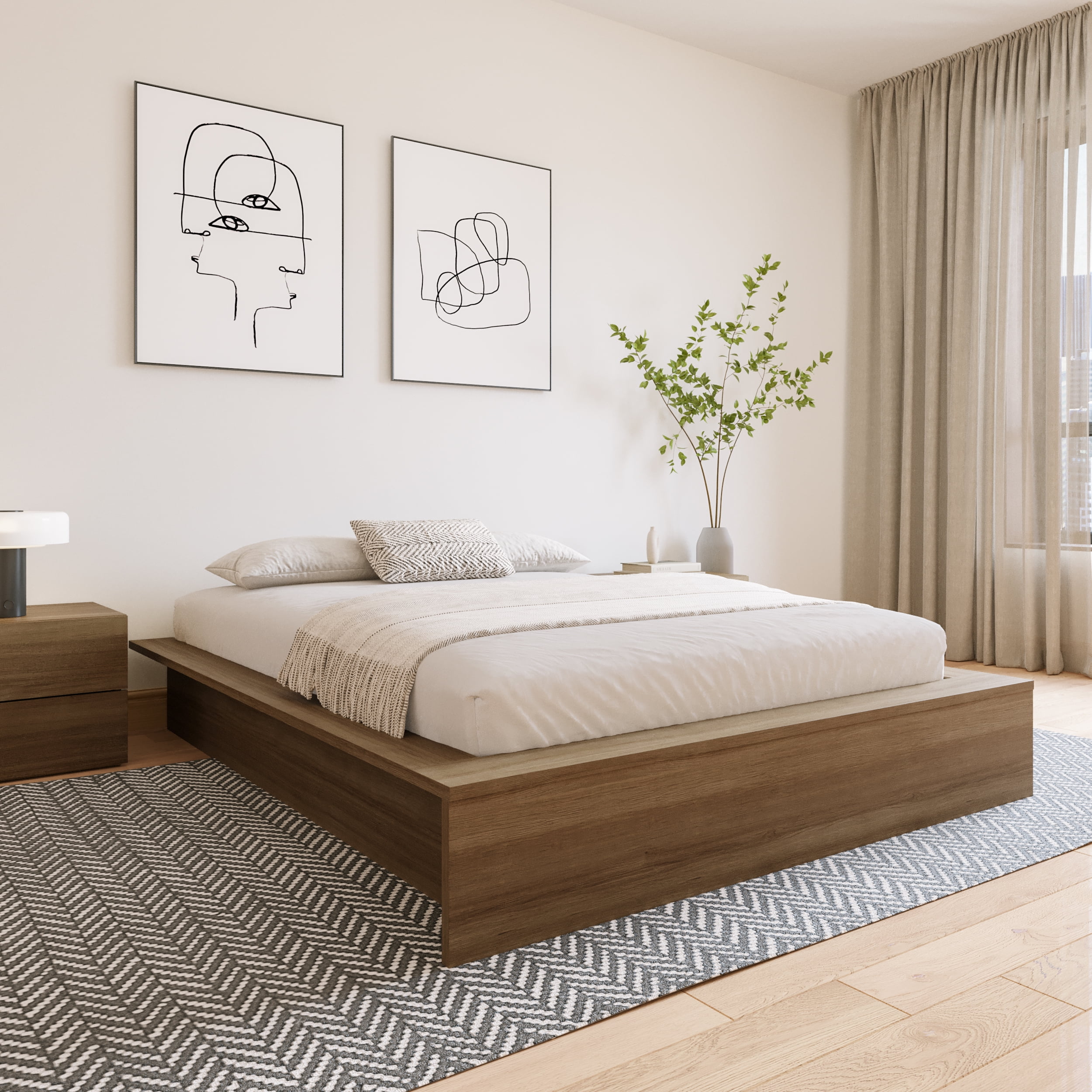 めなり Nexera James Queen Size Platform Wood Bed Frame, Brown Oak