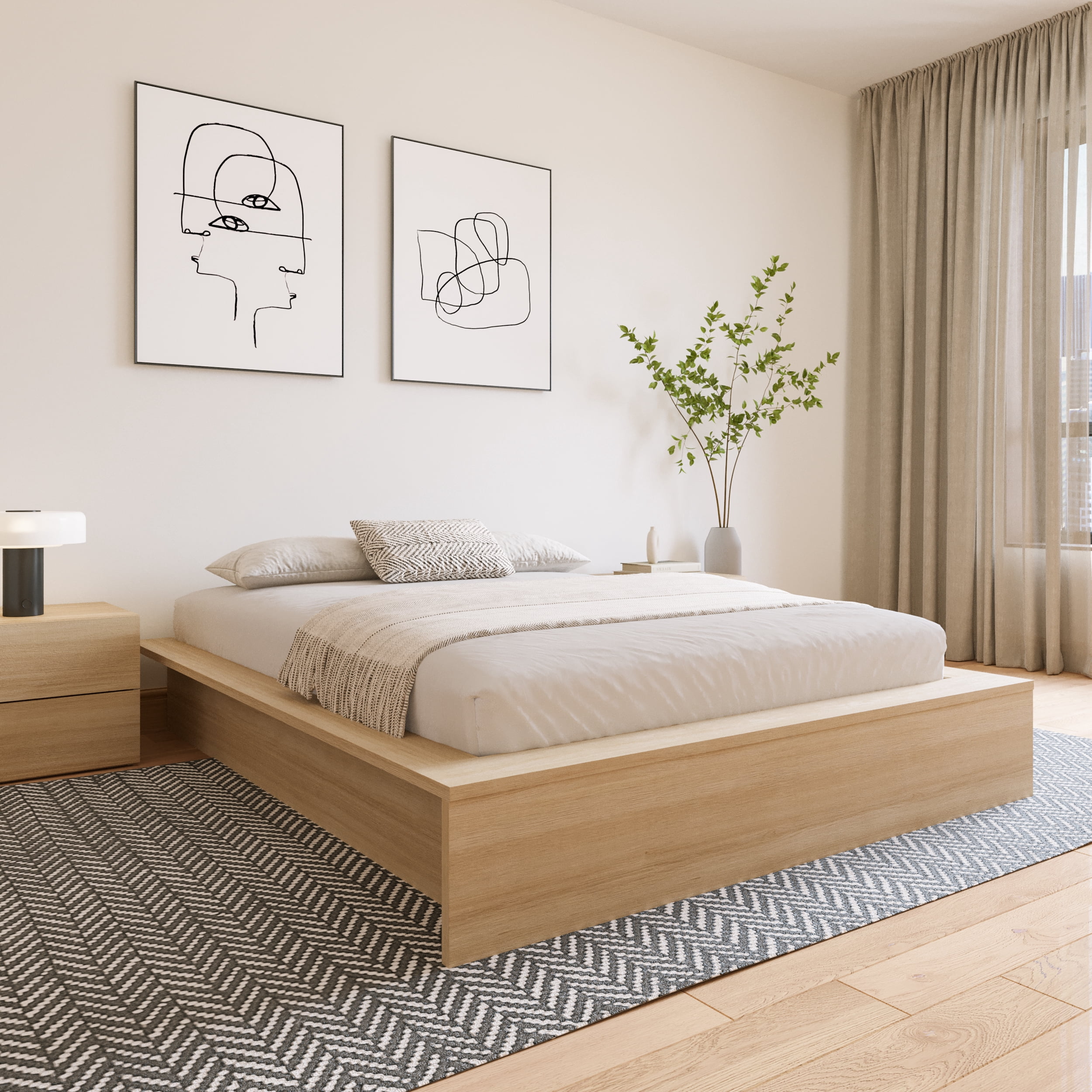 Nexera James Queen Size Platform Wood Bed Frame, Natural Blonde Oak