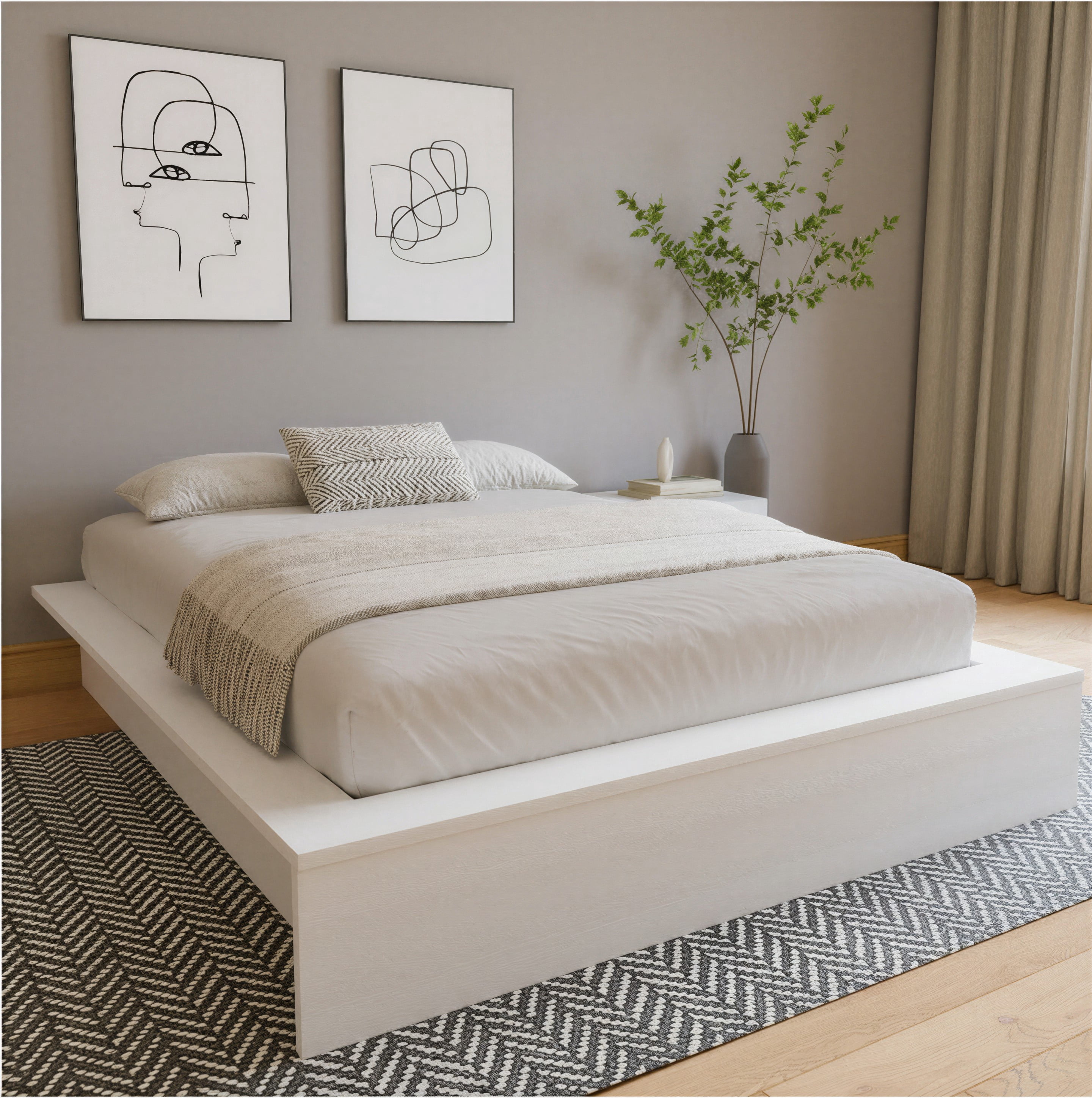 Nexera James Queen Size Platform Wood Bed Frame, White Woodgrain