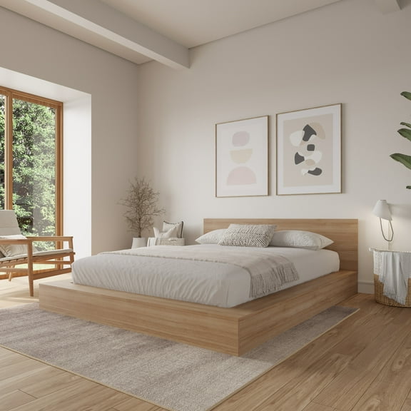 Nexera Kanso Queen Size Low Profile Platform Bed, Brown Oak