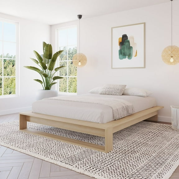 Nexera Lido Queen Platform Wood Bed Frame with Slats Natural Blonde Oak