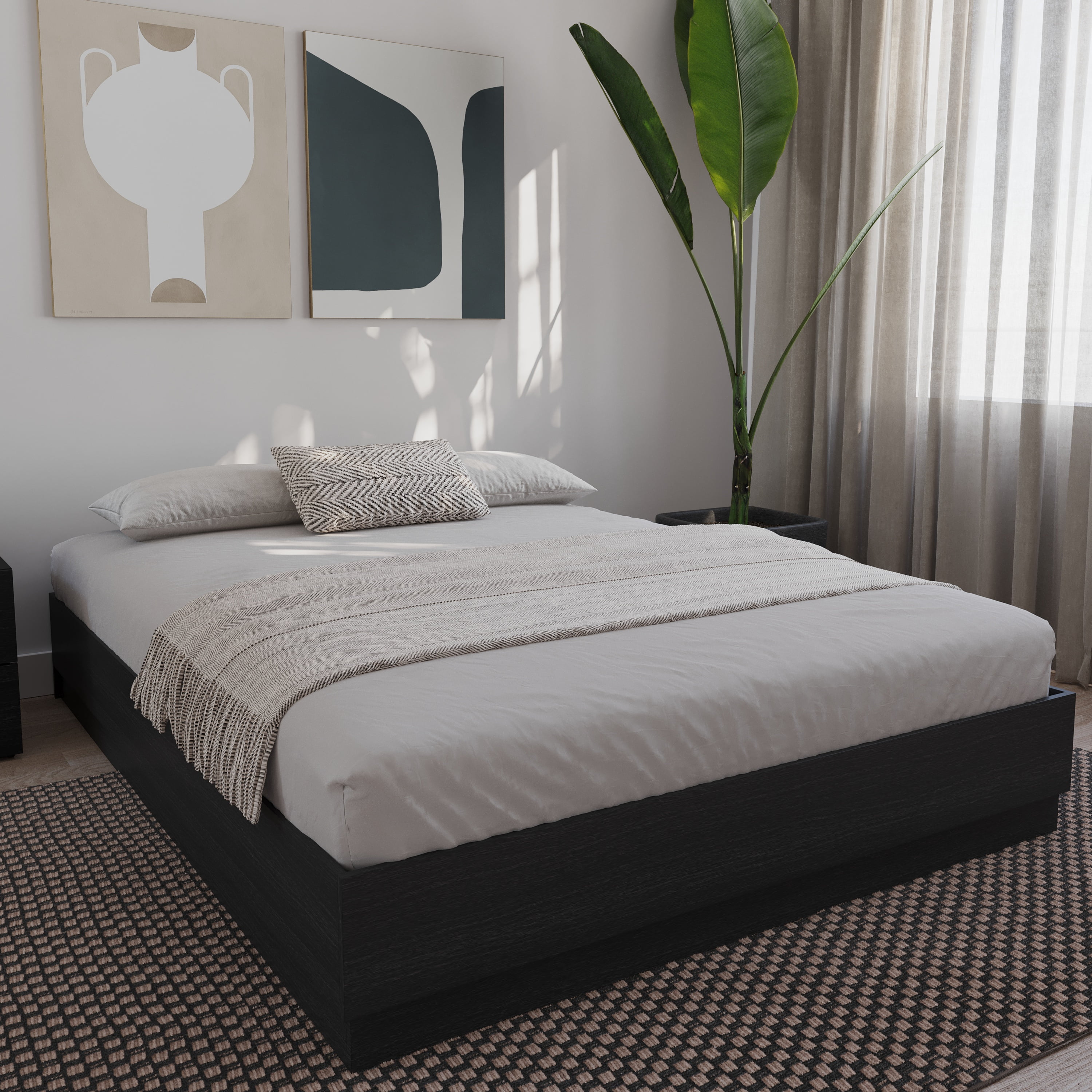 Nexera Milano King Size Platform Wood Bed Frame, Black Oak