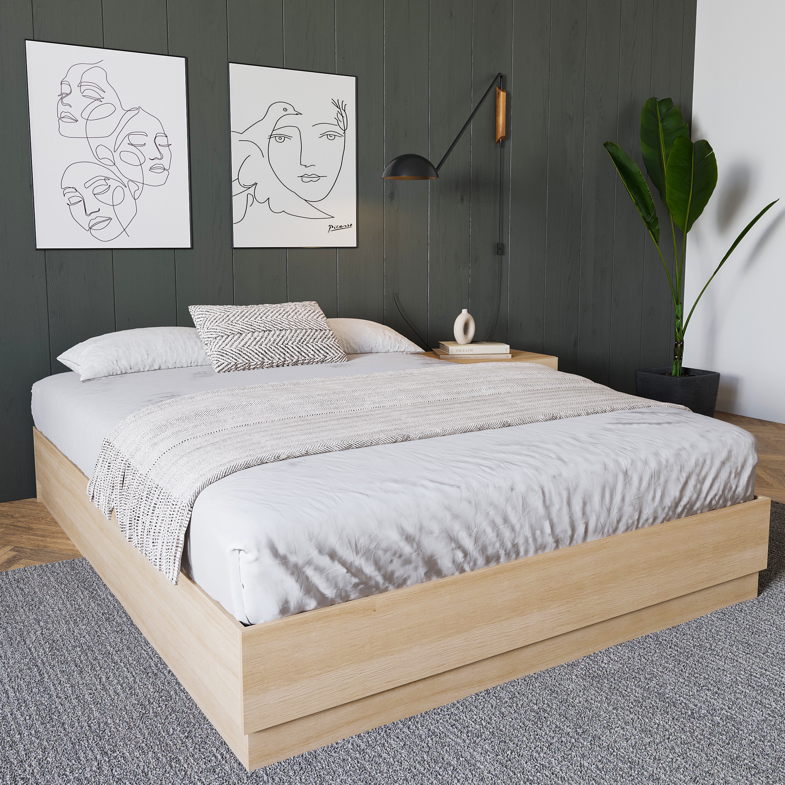 Nexera Milano Queen Size Platform Bed Frame Natural Blonde Oak 