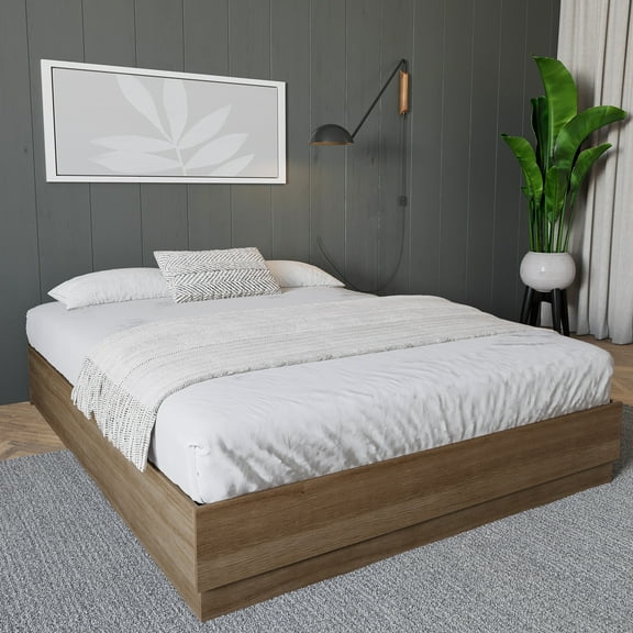 Nexera Milano Queen Size Platform Bed Frame, Brown Oak