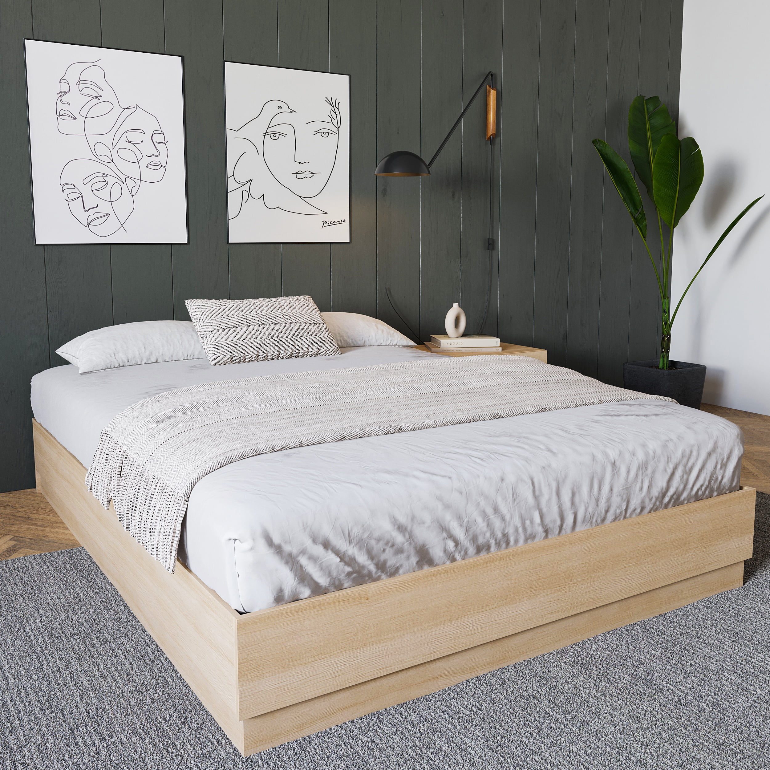 Nexera Milano Queen Size Platform Bed Frame, Natural Blonde Oak
