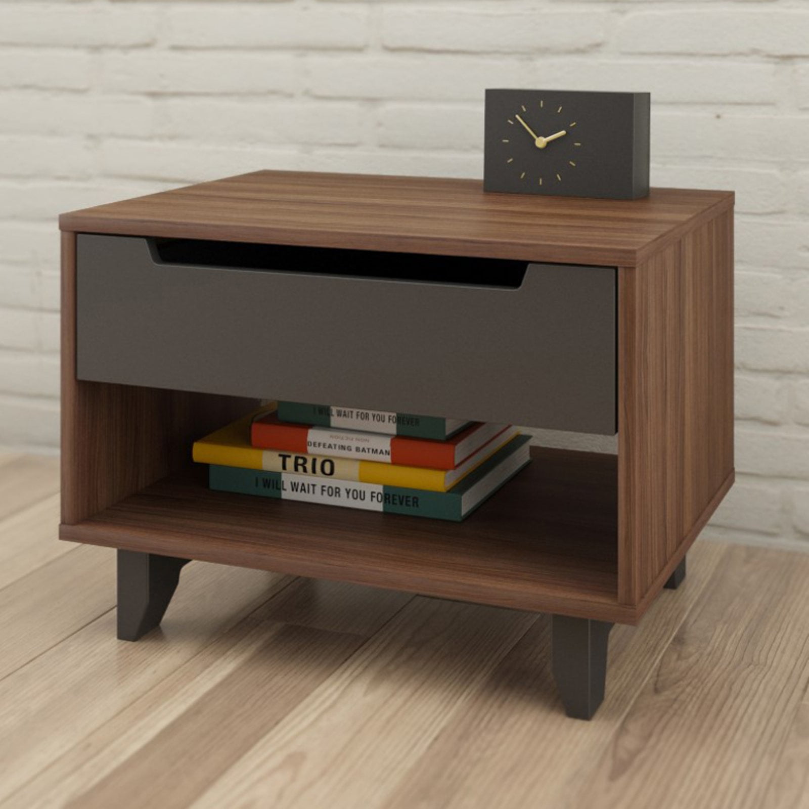 Walnut and Charcoal 1-Drawer Nightstand with Open Shelf