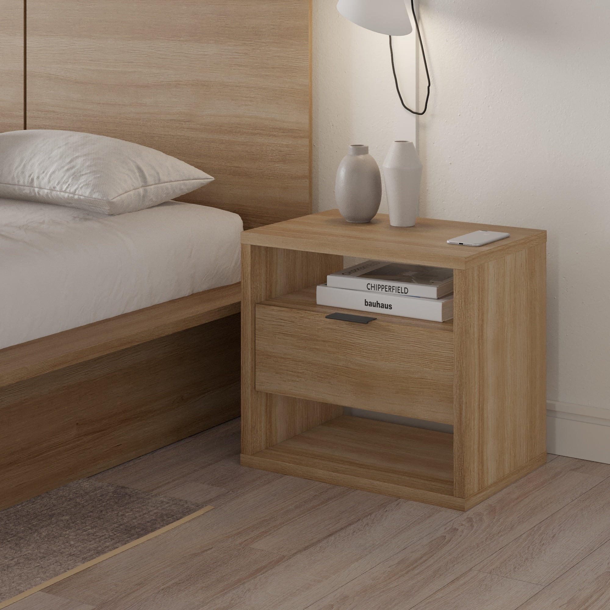 Nexera Modern 1-Drawer Nightstand with Open Storage, Brown Oak