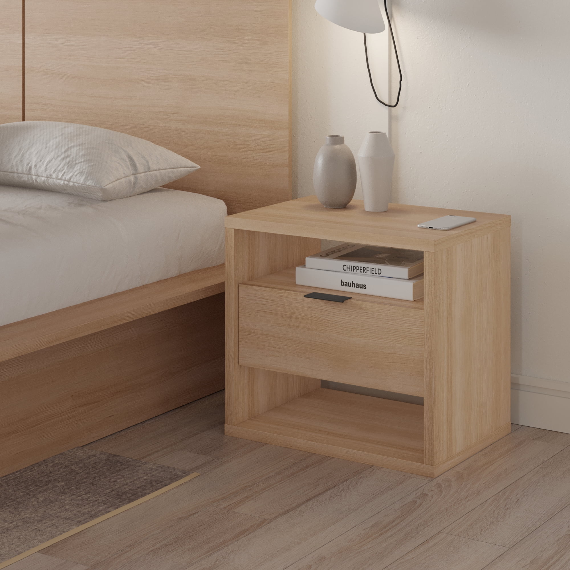 Nexera Modern 1-Drawer Nightstand with Open Storage, Natural Blonde Oak
