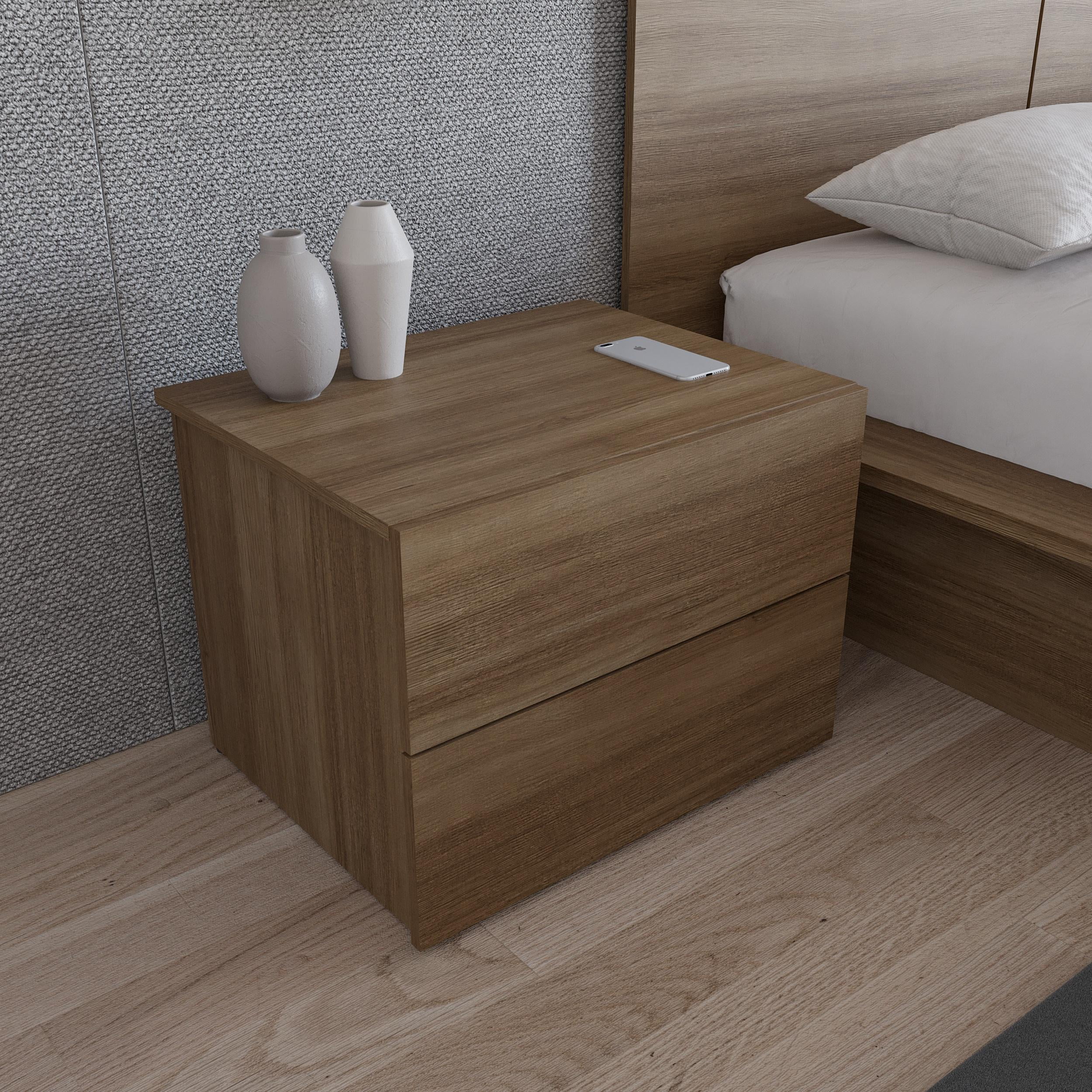 Natural Brown Oak 2-Drawer Nightstand with Melamine Finish
