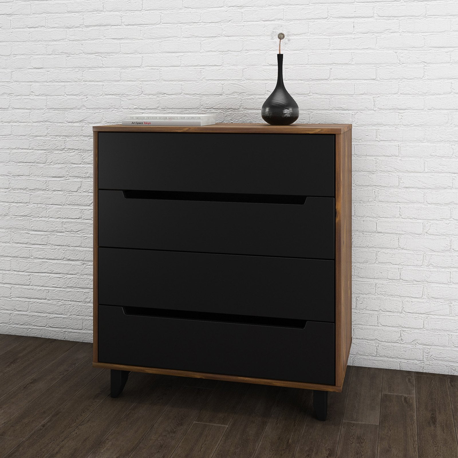 Truffle Black Industrial 4-Drawer Chest with Carved Matte Accents