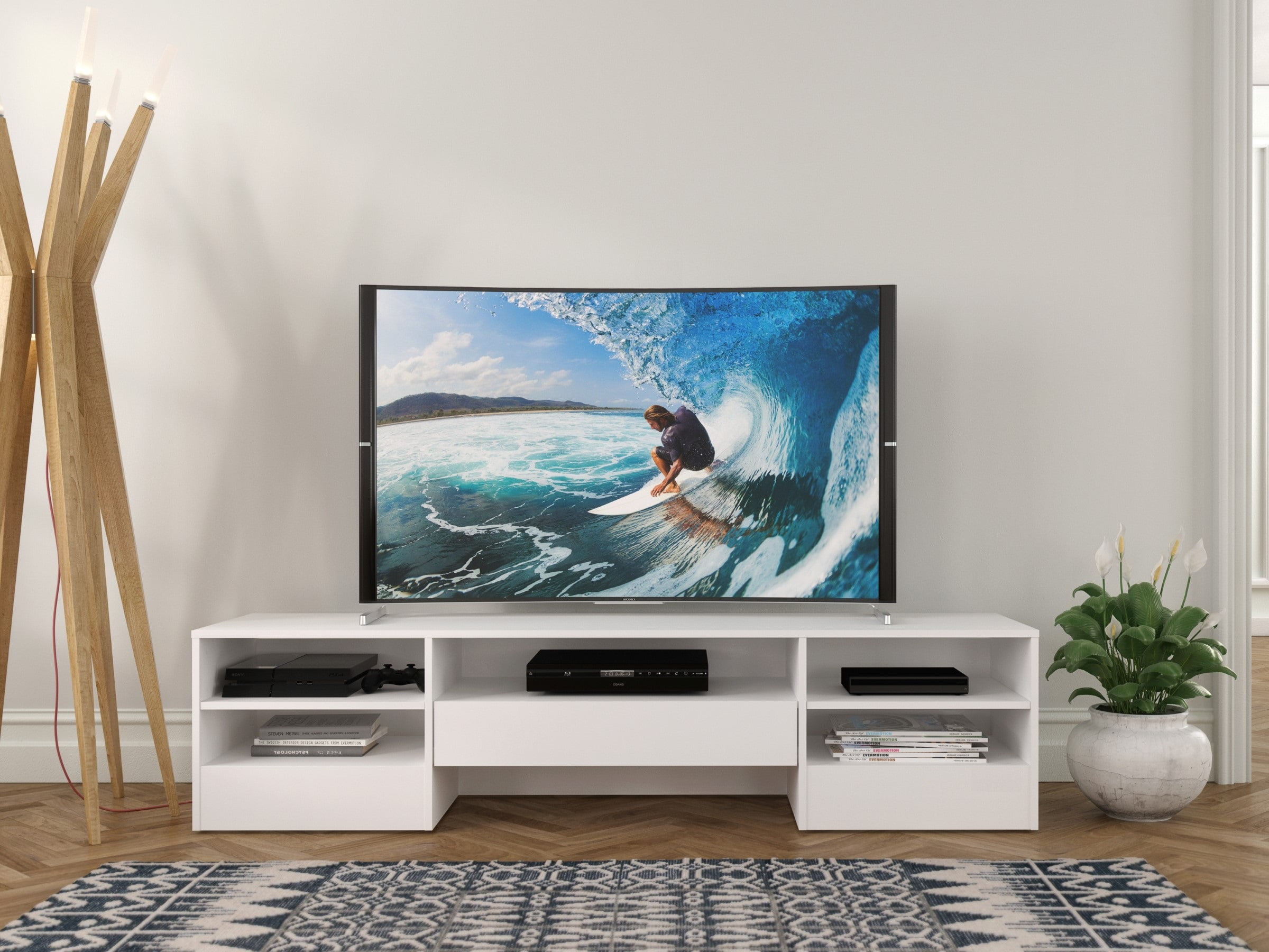 Rustik 76" White Engineered Wood TV Stand with Cabinet