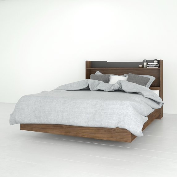 Nexera Neptune Platform Bed & Storage Headboard Set, Walnut & Charcoal