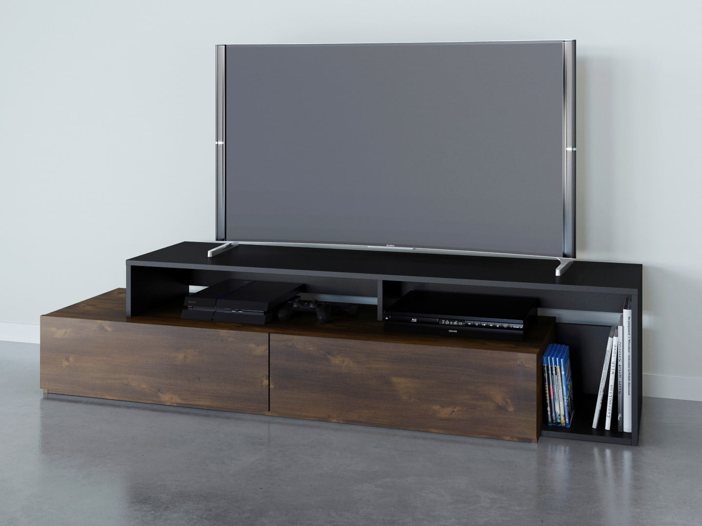 Modern Truffle & Black TV Stand with Cabinet & Open Shelves