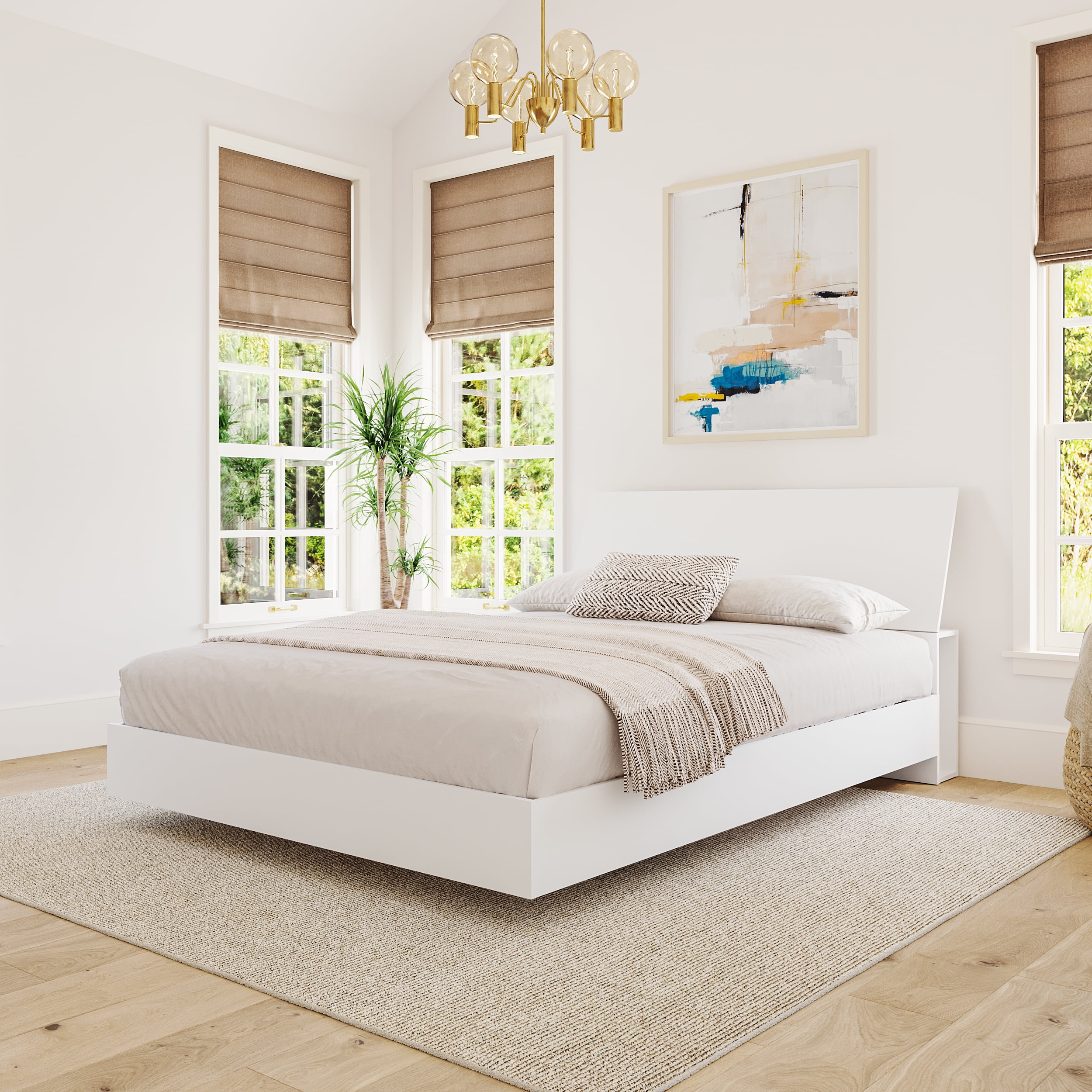 Paris Queen White Floating Platform Bed with Lateral Storage Headboard