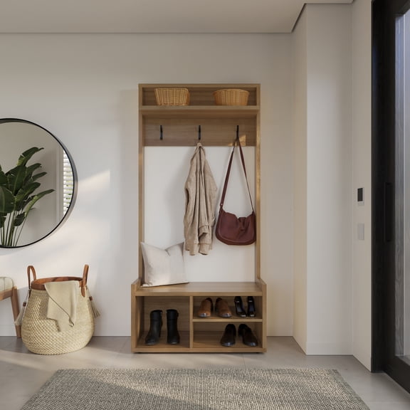 Nexera Porto Modern Entryway Hall Tree, Brown Oak