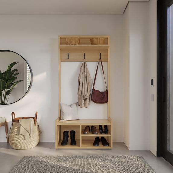 Nexera Porto Modern Entryway Hall Tree, Natural Blonde Oak