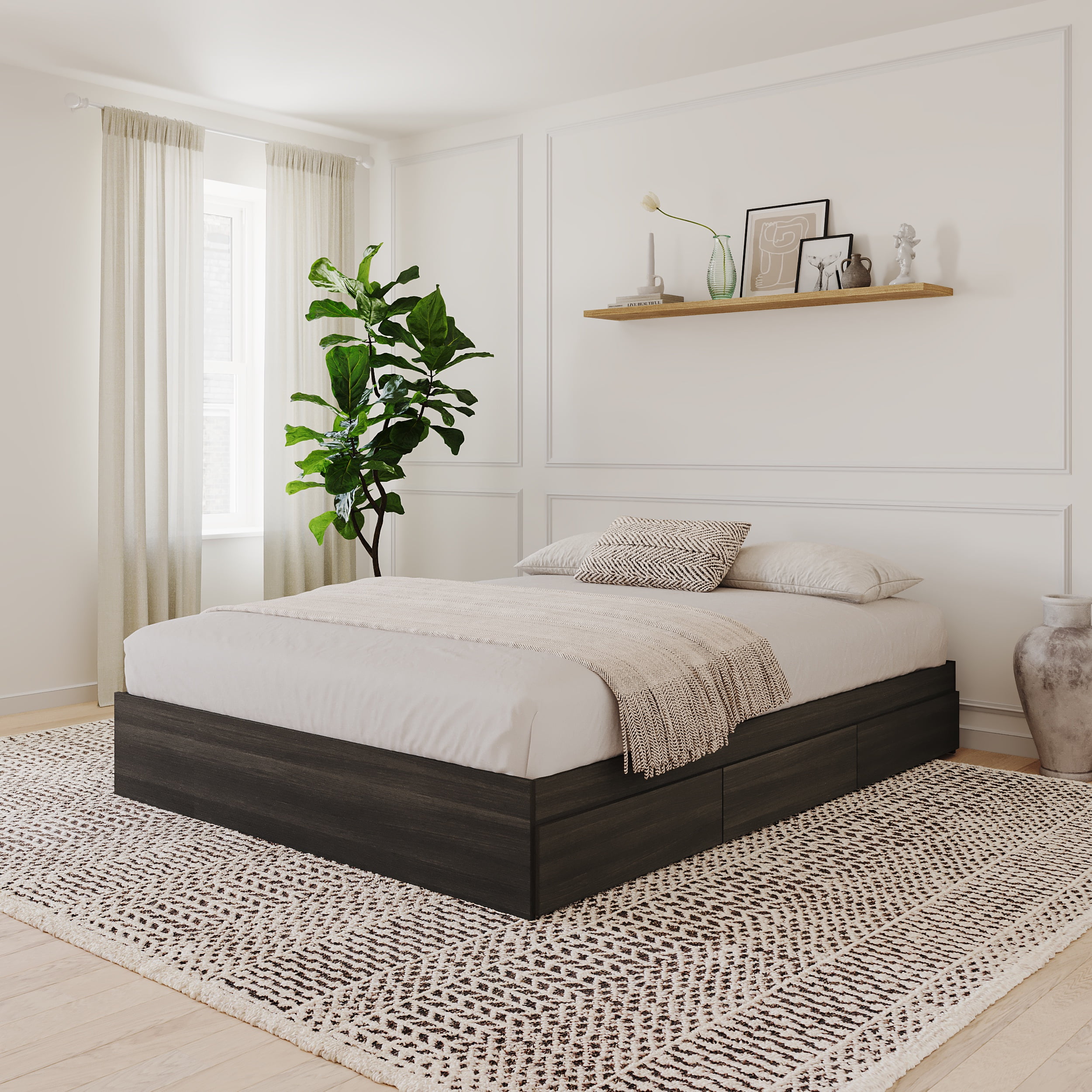 ベッドフレーム White bed frame Nexera Full Size Bed Frame with Headboard and 3 Drawers, White