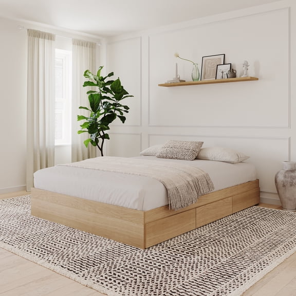 Nexera Queen Size Storage Wood Bed Frame with 3 Drawers, Natural Maple