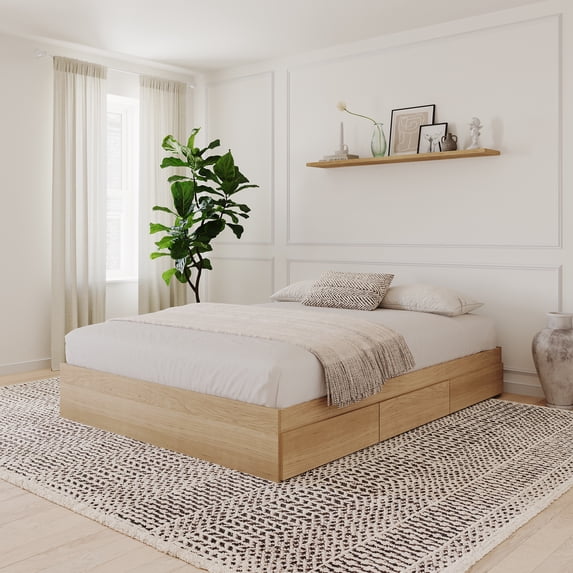 Nexera Queen Size Storage Wood Bed Frame with 3 Drawers, Natural Maple