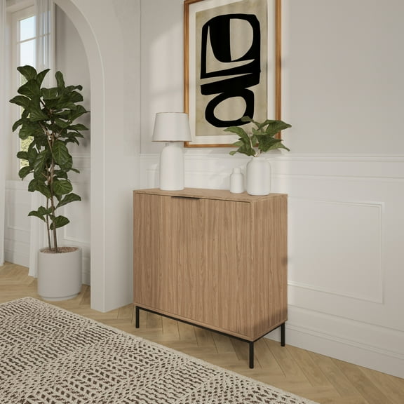 Nexera Slim 2-Door Storage Cabinet, Light Walnut