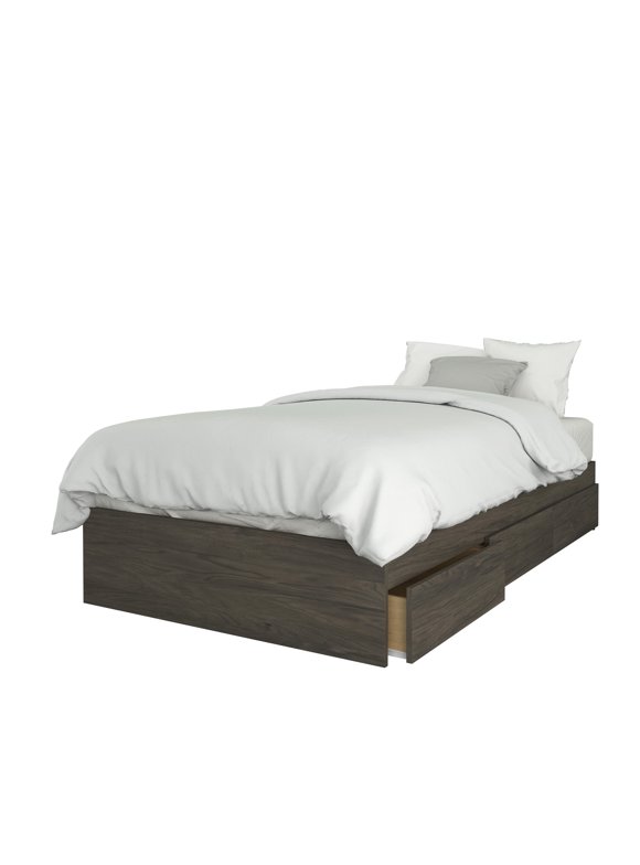 Nexera Twin Size Storage Wood Bed Frame with 3 Drawers, Bark Gray