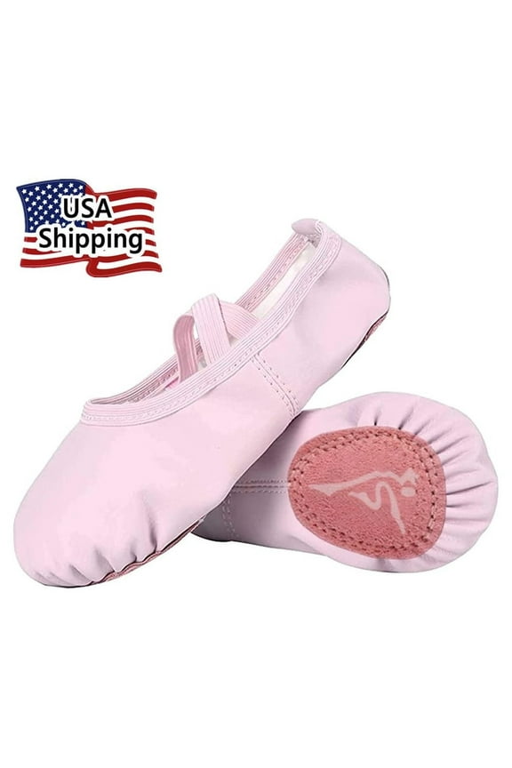 Leather Ballet Split-Sole Slipper Flats Dance Pull on, Pink Color for Girl
