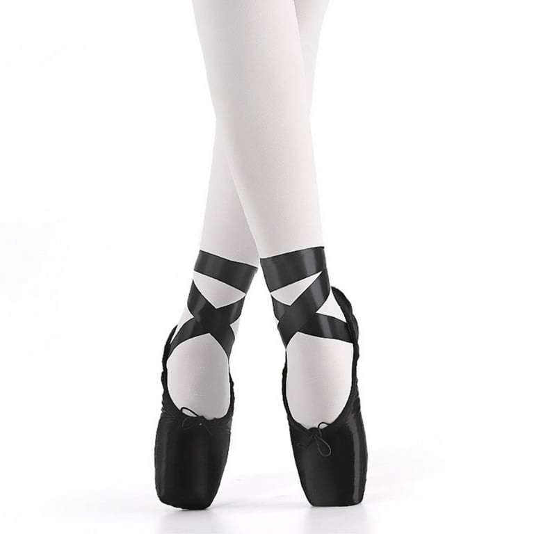 Nexete Pointe Dance Ballet Slippers Flats with Ribbons and Toe Pads Black for Girls and Women