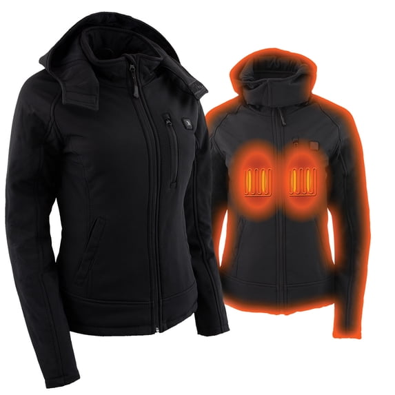 Nexgen Heat MPL2767SET Women's Black 'Heated' Soft Shell Jacket with Detachable Hood for Riding , Hiking w/ Battery Large