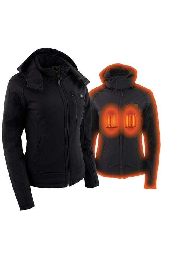 MPL2767SET Women's Black 'Heated' Soft Shell Jacket with Detachable Hood for Riding Hiking Winter Outdoor Activities Small