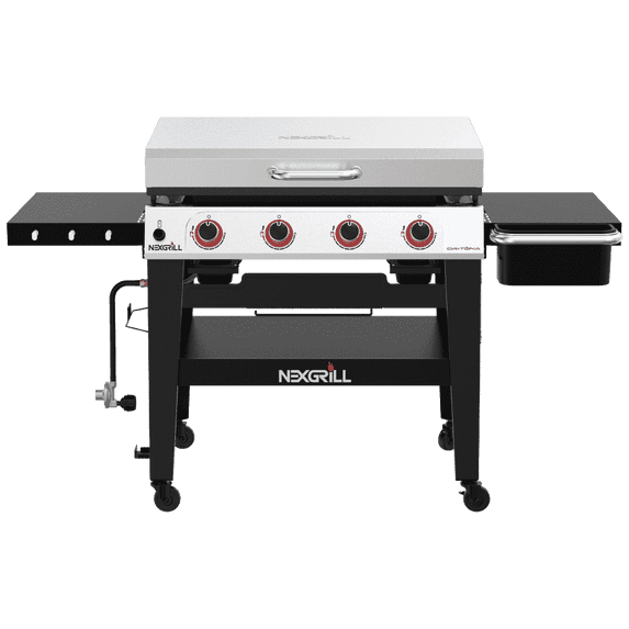Nexgrill Daytona 4-Burner Propane Gas Griddle with Side Tables, 60000 BTU Flat Top Grill, 756 SQ In Hot-Rolled Steel Cooking Space, Outdoor Cooking Barbeque, Black with Stainless Steel Lid - 720-1058
