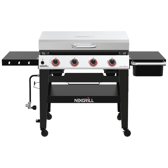 Nexgrill Daytona 4-Burner Propane Gas Griddle with Side Tables, 60000 BTU Flat Top Grill, 756 SQ In Hot-Rolled Steel Cooking Space, Outdoor Cooking Barbeque, Black with Stainless Steel Lid - 720-1058