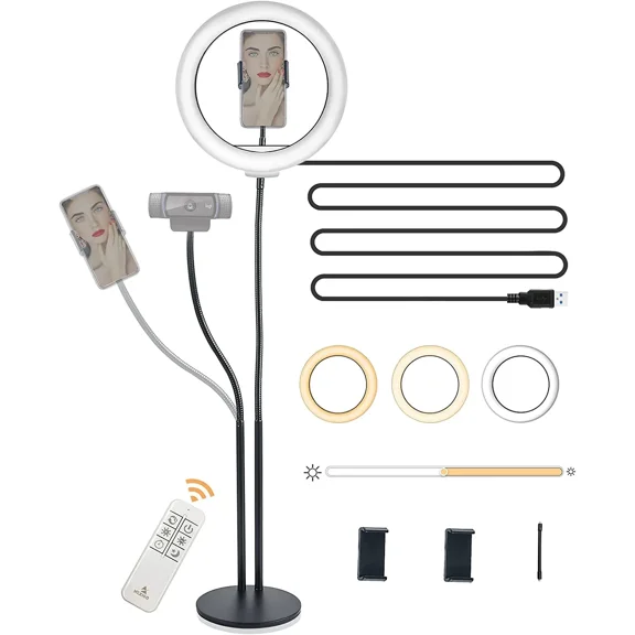 NexiGo 24 Inch Webcam Stand with Ring Light and Remote Control Flexible Desk Mount Clamp Gooseneck Adjustable Brightness Colors for NexiGo Logitech Webcams C920 C922 Brio iPhoneAndroidCamera