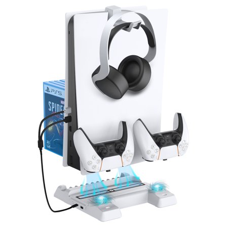 NexiGo PS5 Cooling Stand with Headset Holder, for PS5 (Disc and Digital Edition) Dual Controllers Charger and Game Slots