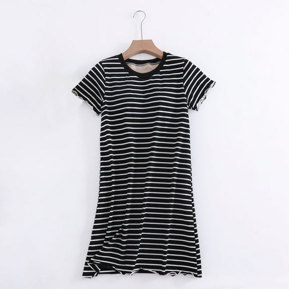 Nexjvus Cute Nightgowns for Women Short Sleeve Pads Dress Nightgowns Striped Nightdress Black Size L