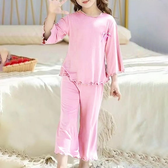FAZVAOO Girls Pajamas Cotton Long Sleeve Top and Pants Sleepwear Set Spring Thin Solid Sleepwear Size 2-8Y