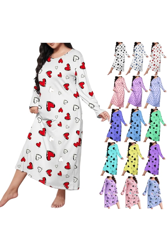 Nightgowns for Women Heart Print Long Sleeve Nightgowns Size XL-5XL