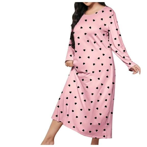 FAZVAOO Nightgowns for Women Long Sleeve Heart Print Sleepwear Soft Nightdress Size 16