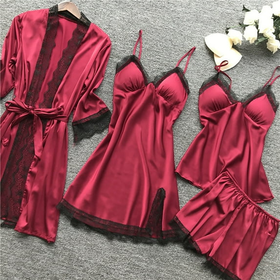 Nexjvus Robes for Women 4 Piece Silk Lace Satin Robe Dress Sleepwear Nightdress Pajamas Set Size S-5XL