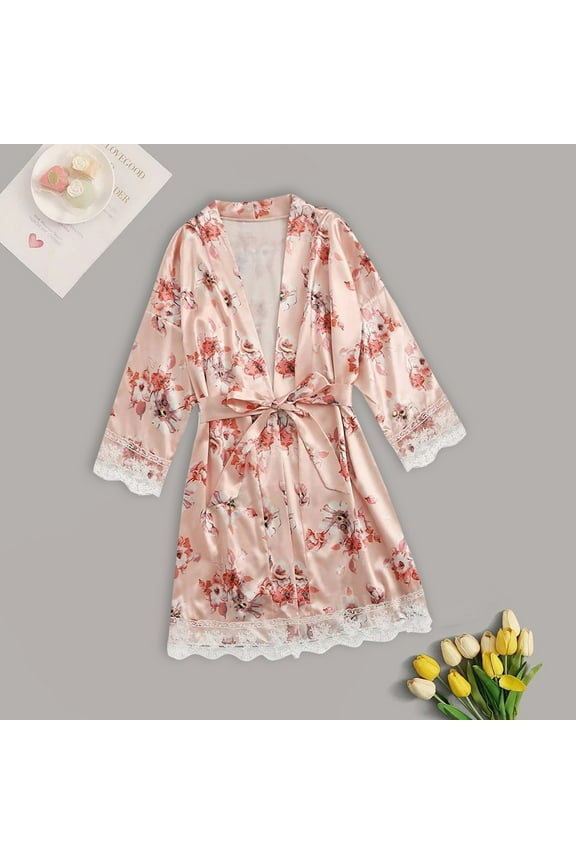 Nexjvus Robes for Women Vintage Satin Robe for Women Home Silk Floral Short Robe with Belt Size S-4XL
