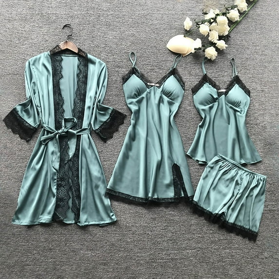 Nexjvus Silk Robes for Women 4 Piece Lace Satin Robe Dress Sleepwear Nightdress Pajamas Set Size S-5XL