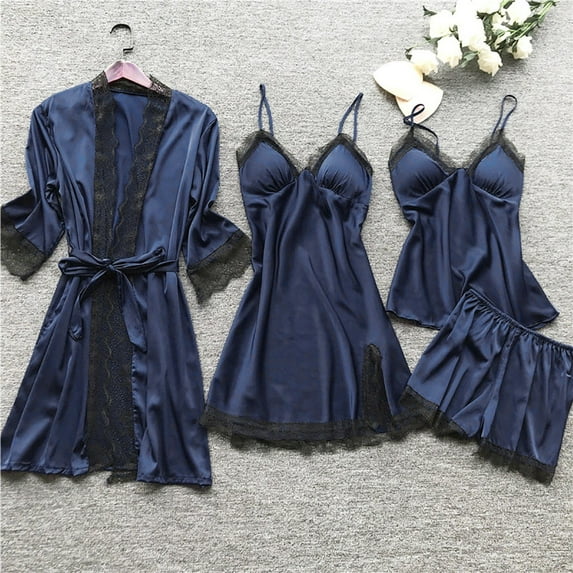 Nexjvus Silk Robes for Women 4 Piece Lace Satin Robe Dress Sleepwear Nightdress Pajamas Set Size S-5XL