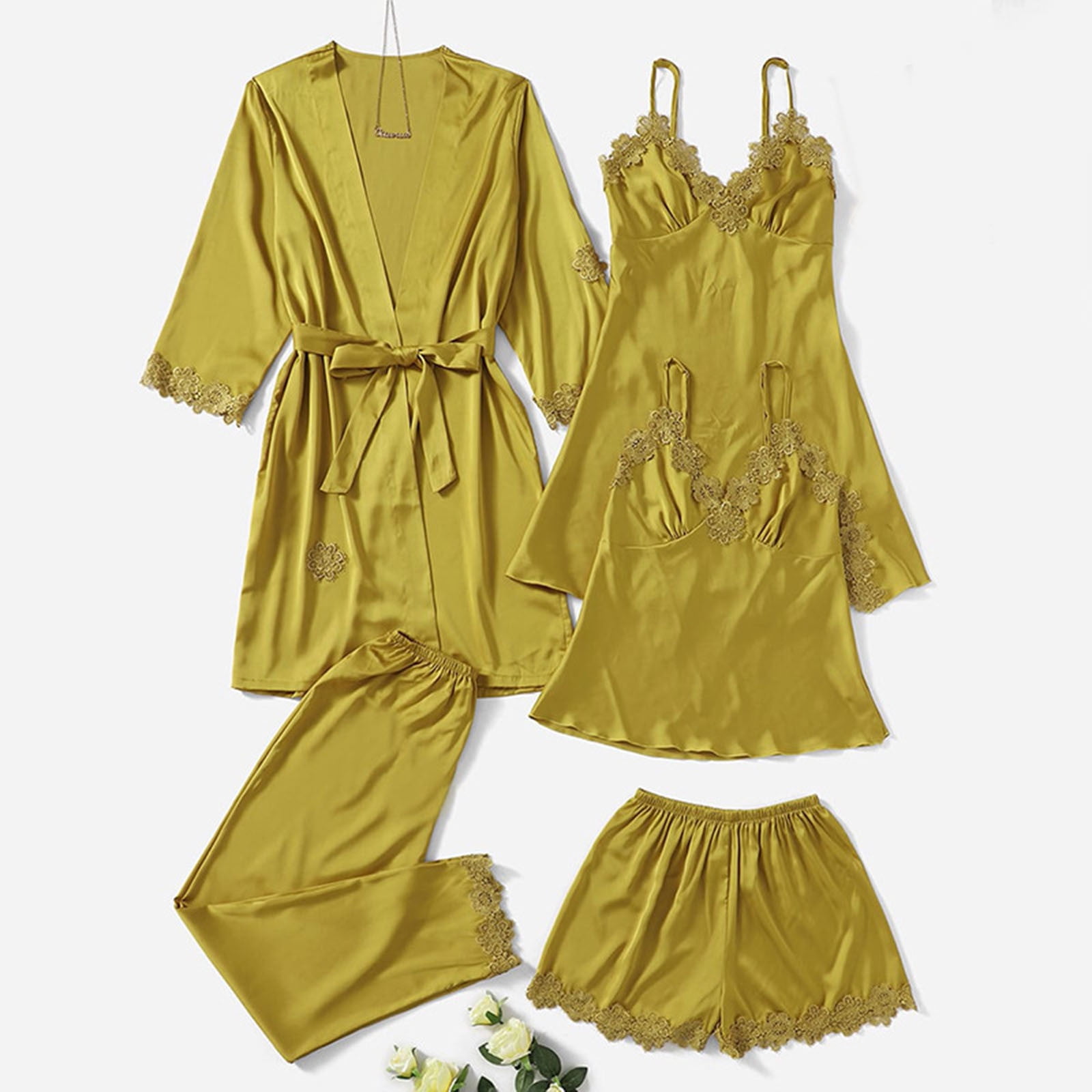 Elegant Pure Silk Lace Trimmed Robe and Camisole Set 3Pcs