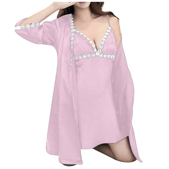 Nexjvus Women's Nightgowns Silk Sleepwear Nightdress 2 Piece Pink Size S