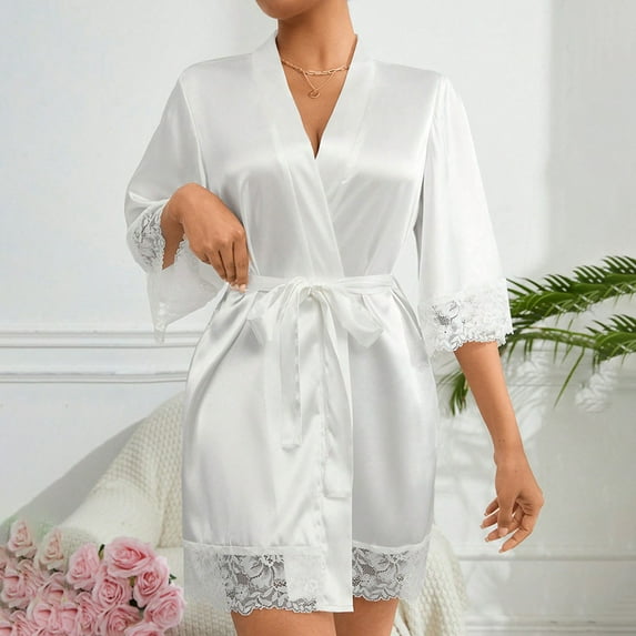 Nexjvus Women's Robes Short Silk Lace Satin Robe Loungewear with Belt Summer Saving Clearance Size S