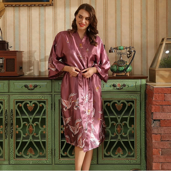 Nexjvus Womens Robe Kimono Robe Floral Long Satin Robe with Belt Summer Saving Size L