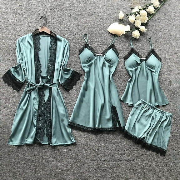 Nexjvus Womens Robes 4 Piece Silk Lace Satin Robe Dress Sleepwear Nightdress Pajamas Set Size S-5XL