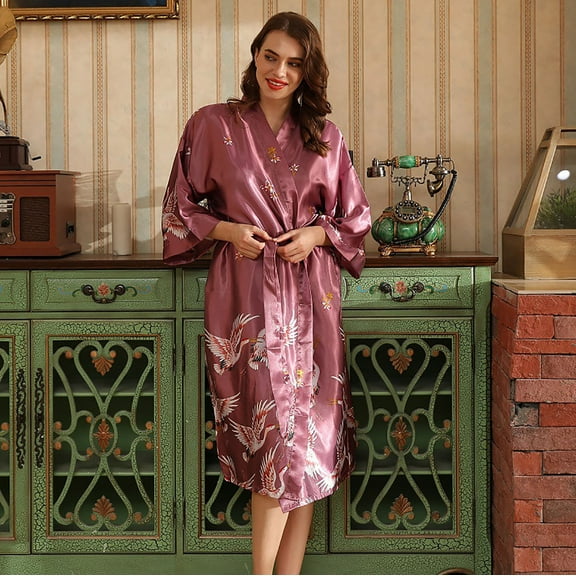 Nexjvus Womens Robes Clearance Kimono Robe Floral Long Satin Robe with Belt Size XL
